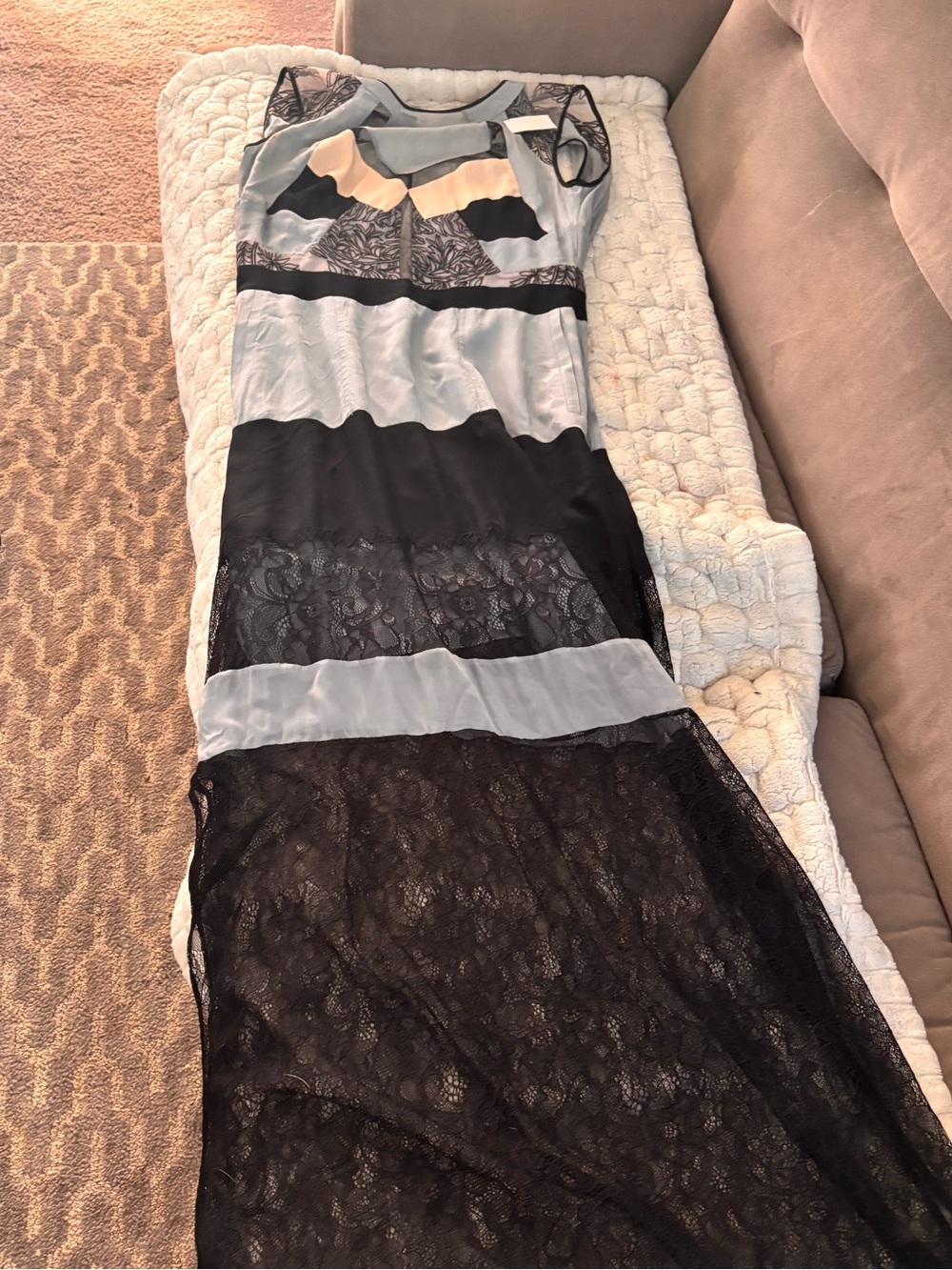 Black BCBG Lace & Steel Blue Maxi Dress with Contrast Panels. Open back.